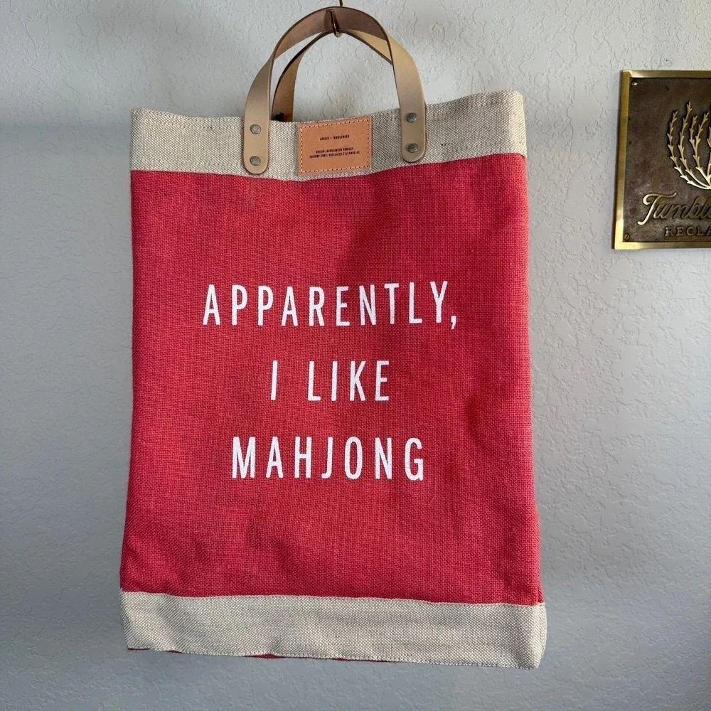 Apolis Red Jute Market Bag Apparently I Like Mahjong Leather Handle Tote NWT